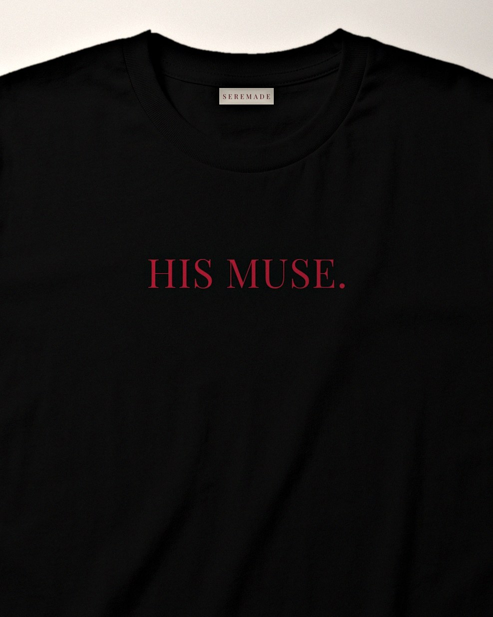 Black t-shirt printed HIS MUSE. in cherry burgundy